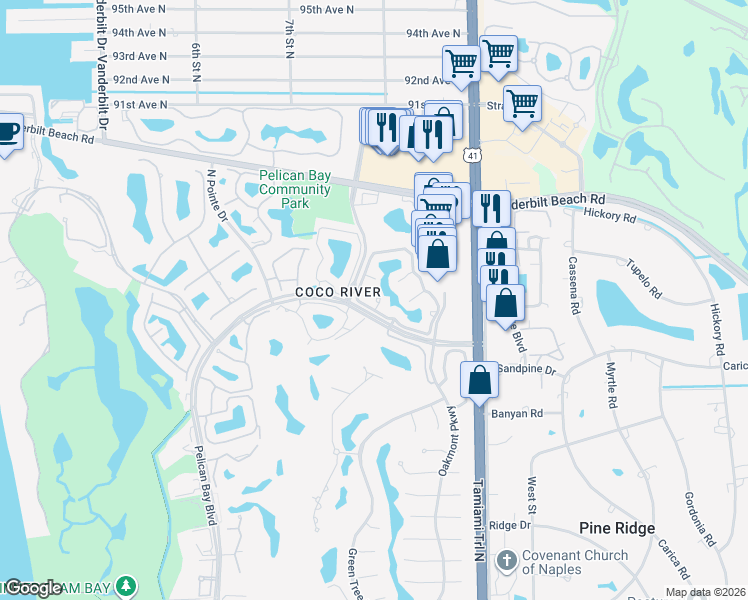 map of restaurants, bars, coffee shops, grocery stores, and more near 2200 Lambiance Circle in Naples