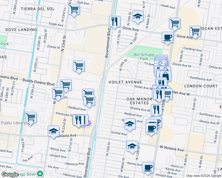 map of restaurants, bars, coffee shops, grocery stores, and more near 1700 West Ulex Avenue in McAllen