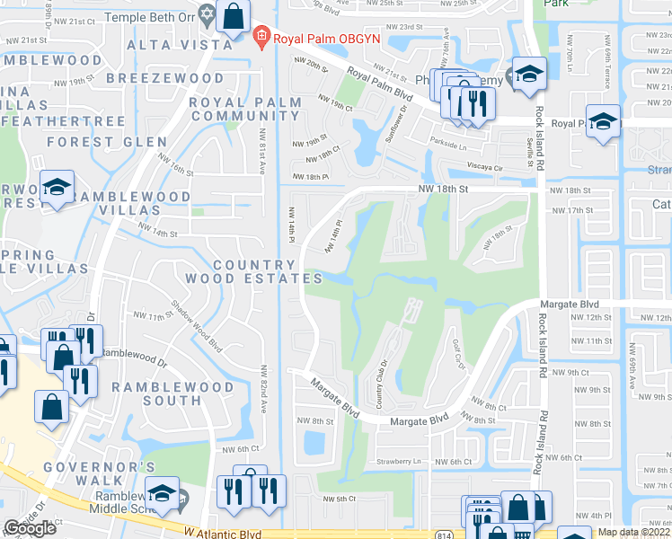 map of restaurants, bars, coffee shops, grocery stores, and more near 1460 Northwest 80th Avenue in Margate