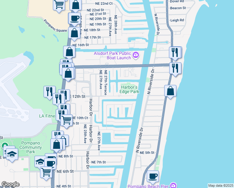 map of restaurants, bars, coffee shops, grocery stores, and more near 2751 Northeast 12th Street in Pompano Beach