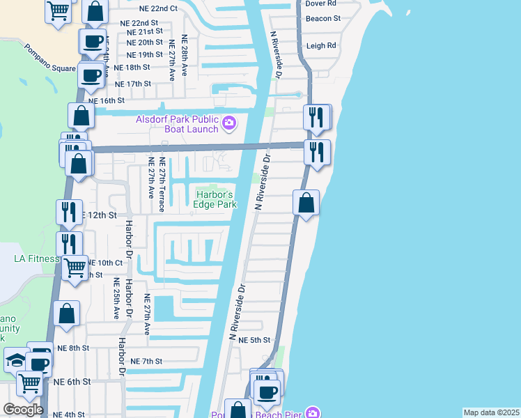 map of restaurants, bars, coffee shops, grocery stores, and more near 1000 North Riverside Drive in Pompano Beach