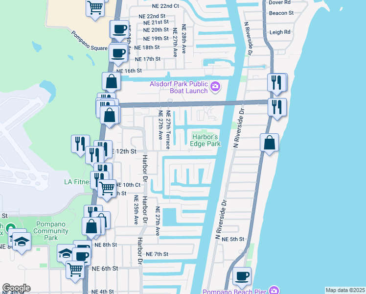 map of restaurants, bars, coffee shops, grocery stores, and more near 2751 Northeast 12th Street in Pompano Beach