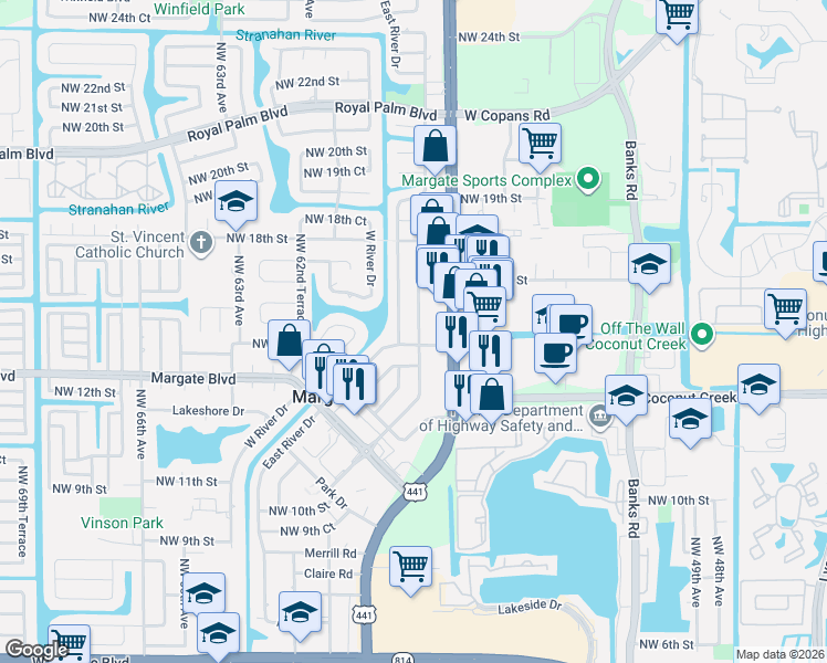 map of restaurants, bars, coffee shops, grocery stores, and more near 1508 East River Drive in Margate