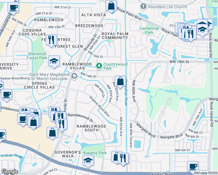 map of restaurants, bars, coffee shops, grocery stores, and more near 1301 Northwest 83rd Avenue in Coral Springs