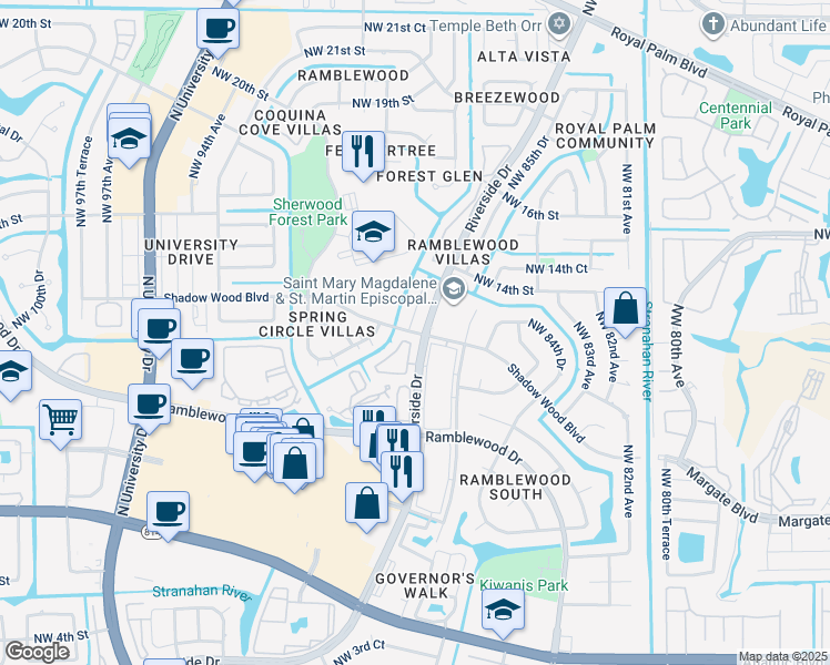 map of restaurants, bars, coffee shops, grocery stores, and more near in Coral Springs
