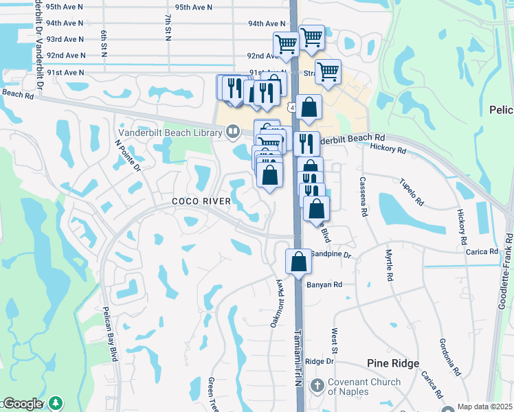 map of restaurants, bars, coffee shops, grocery stores, and more near 8585 Pelican Bay Boulevard in Naples
