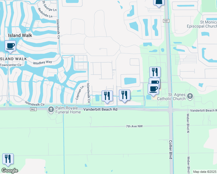map of restaurants, bars, coffee shops, grocery stores, and more near 7065 Venice Way in Naples