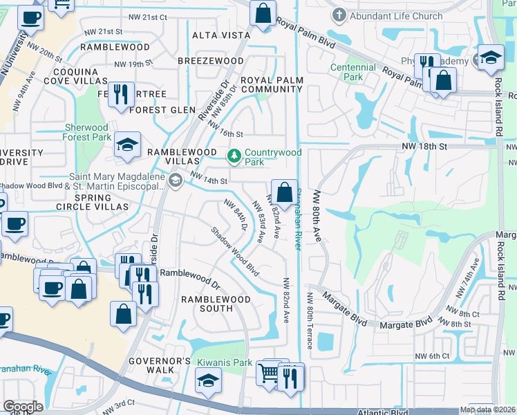 map of restaurants, bars, coffee shops, grocery stores, and more near 1301 Northwest 83rd Avenue in Coral Springs