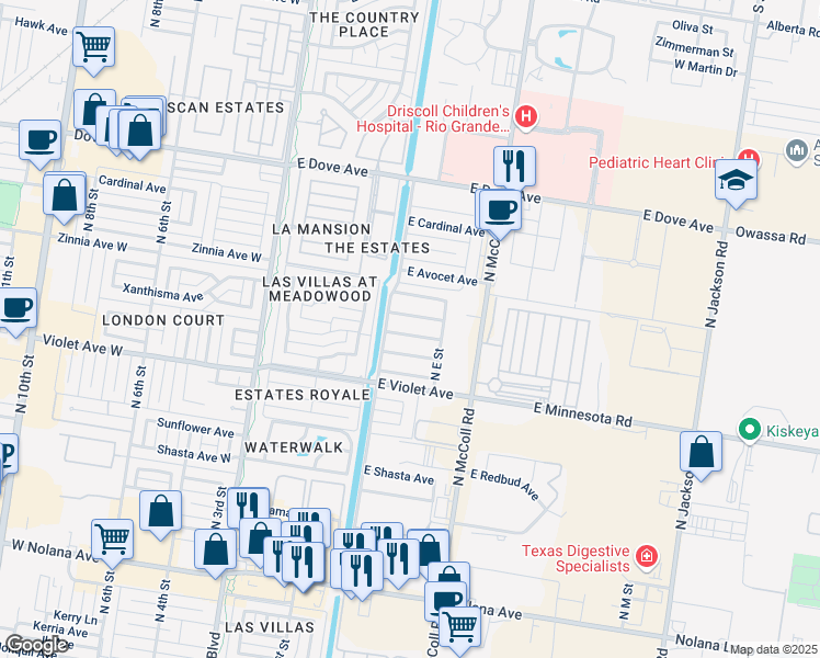 map of restaurants, bars, coffee shops, grocery stores, and more near 417 East Xanthisma Avenue in McAllen