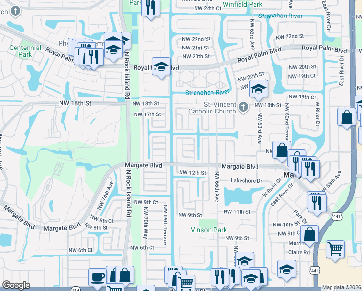 map of restaurants, bars, coffee shops, grocery stores, and more near 1465 Northwest 68th Terrace in Margate