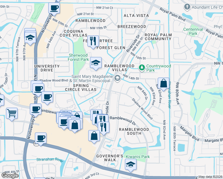 map of restaurants, bars, coffee shops, grocery stores, and more near in Coral Springs
