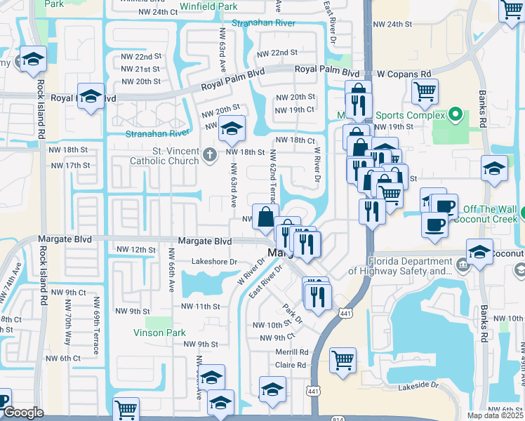 map of restaurants, bars, coffee shops, grocery stores, and more near 6222 Northwest 15th Court in Margate