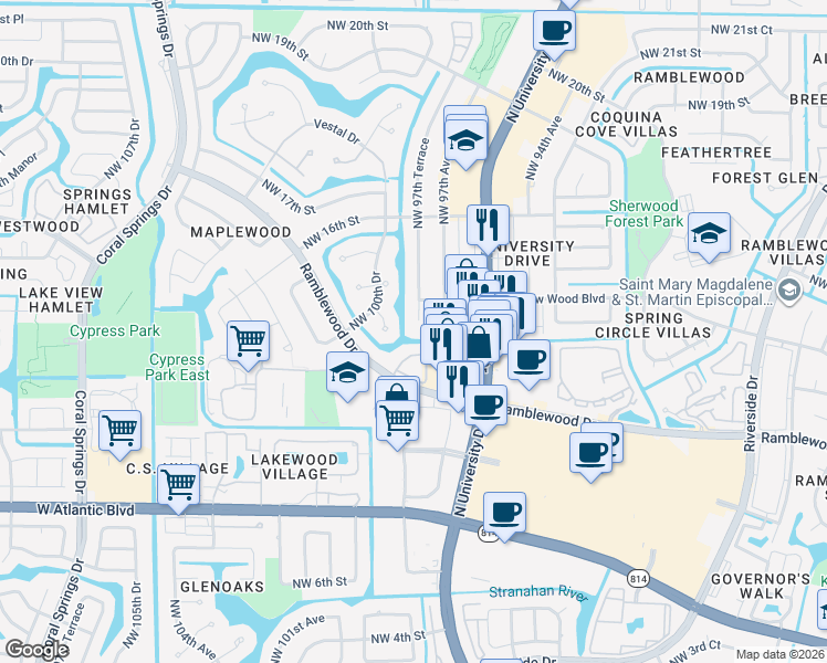map of restaurants, bars, coffee shops, grocery stores, and more near 1300 Northwest 97th Terrace in Coral Springs