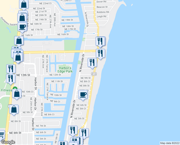 map of restaurants, bars, coffee shops, grocery stores, and more near 3249 Northeast 10th Street in Pompano Beach