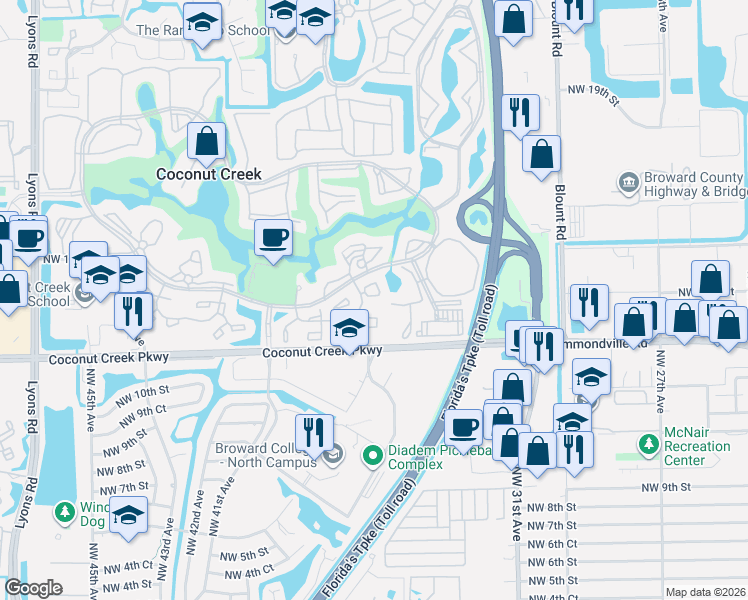 map of restaurants, bars, coffee shops, grocery stores, and more near 1203 Bahama Bend in Coconut Creek