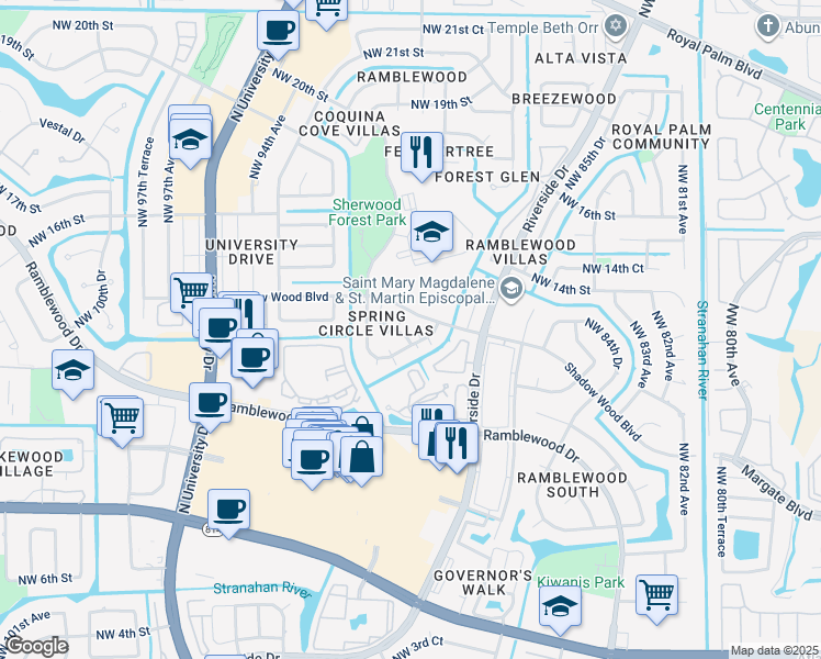 map of restaurants, bars, coffee shops, grocery stores, and more near 8960 Shadow Wood Boulevard in Coral Springs