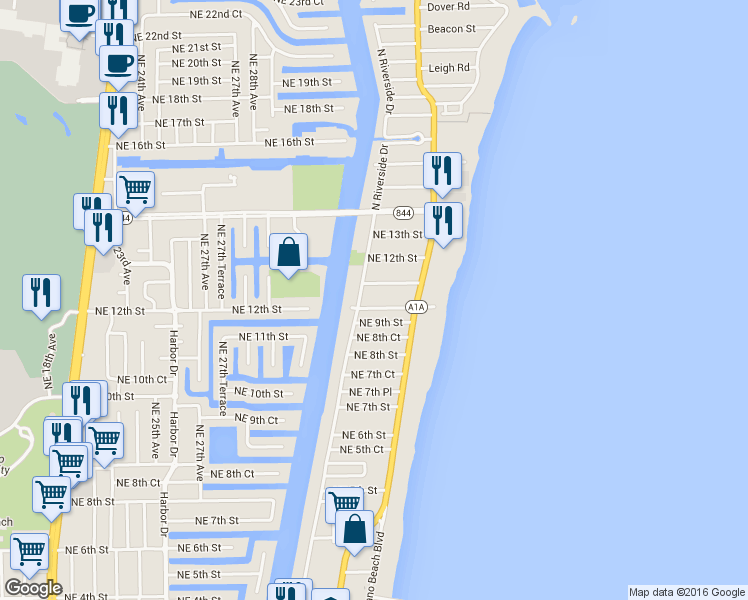 map of restaurants, bars, coffee shops, grocery stores, and more near 1000 North Riverside Drive in Pompano Beach