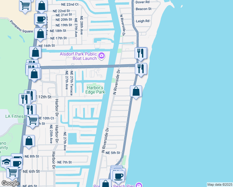 map of restaurants, bars, coffee shops, grocery stores, and more near 1000 North Riverside Drive in Pompano Beach