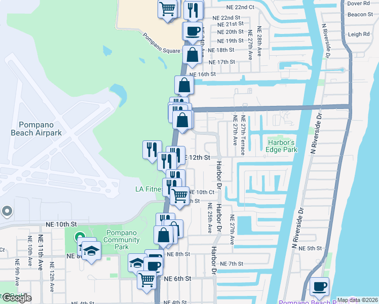 map of restaurants, bars, coffee shops, grocery stores, and more near 1211 Northeast 23rd Avenue in Pompano Beach