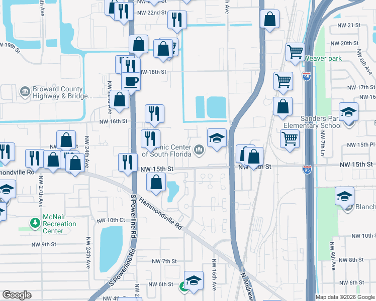 map of restaurants, bars, coffee shops, grocery stores, and more near 1518 Northwest 17th Avenue in Pompano Beach