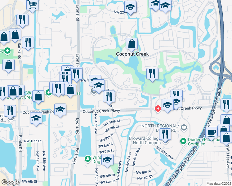 map of restaurants, bars, coffee shops, grocery stores, and more near 2614 Nassau Bend in Coconut Creek