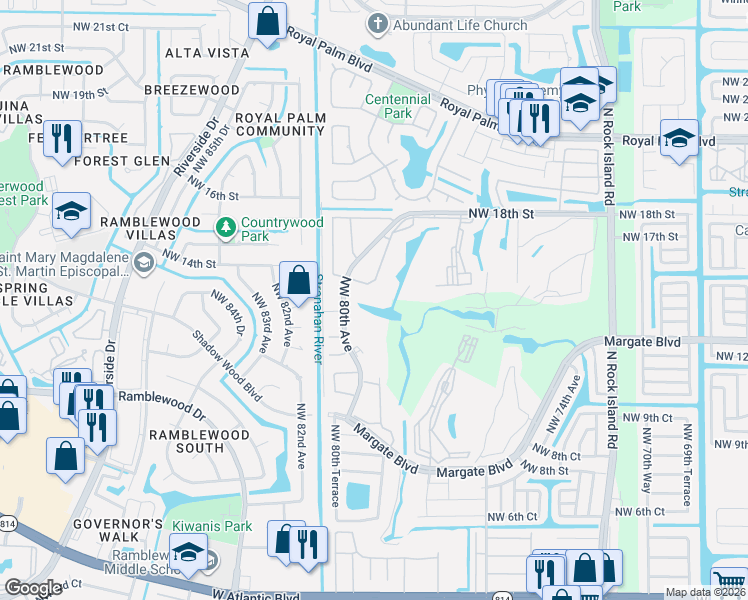 map of restaurants, bars, coffee shops, grocery stores, and more near 1460 Northwest 80th Avenue in Margate