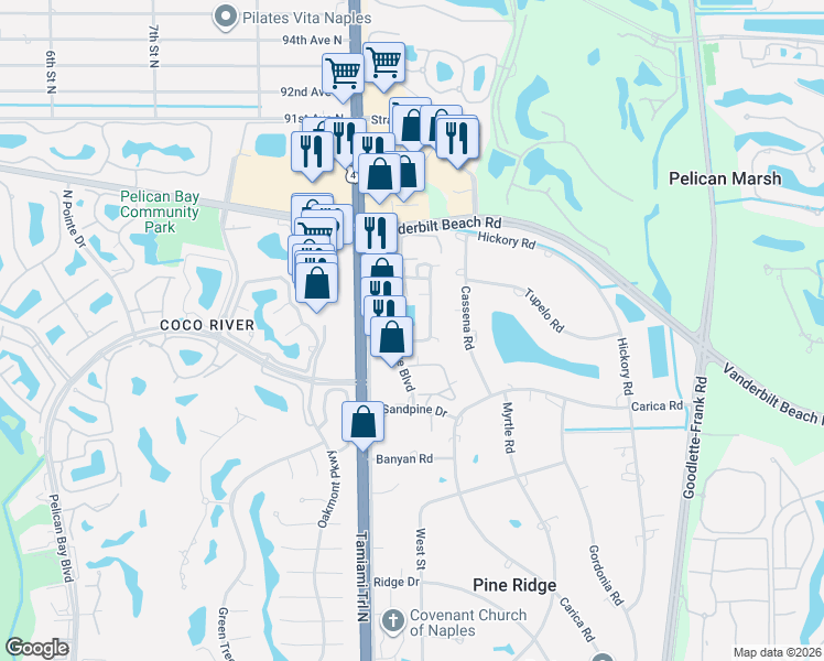 map of restaurants, bars, coffee shops, grocery stores, and more near 785 Meadowland Drive in Naples