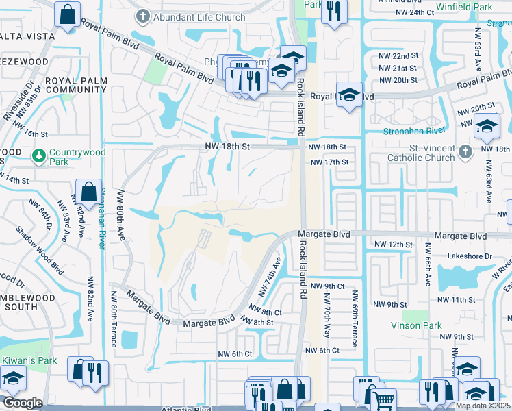 map of restaurants, bars, coffee shops, grocery stores, and more near 8000 Northwest 18th Street in Margate