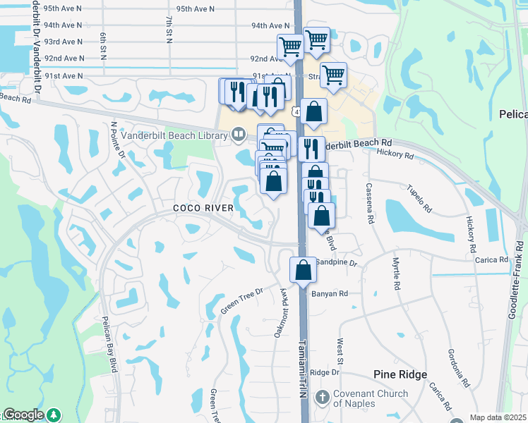 map of restaurants, bars, coffee shops, grocery stores, and more near 8585 Pelican Bay Boulevard in Naples