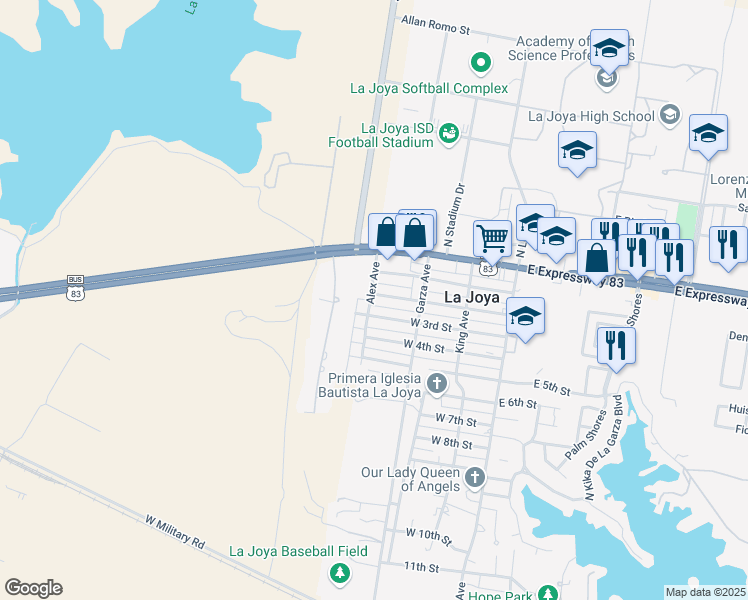 map of restaurants, bars, coffee shops, grocery stores, and more near 501 West 2nd Street in La Joya