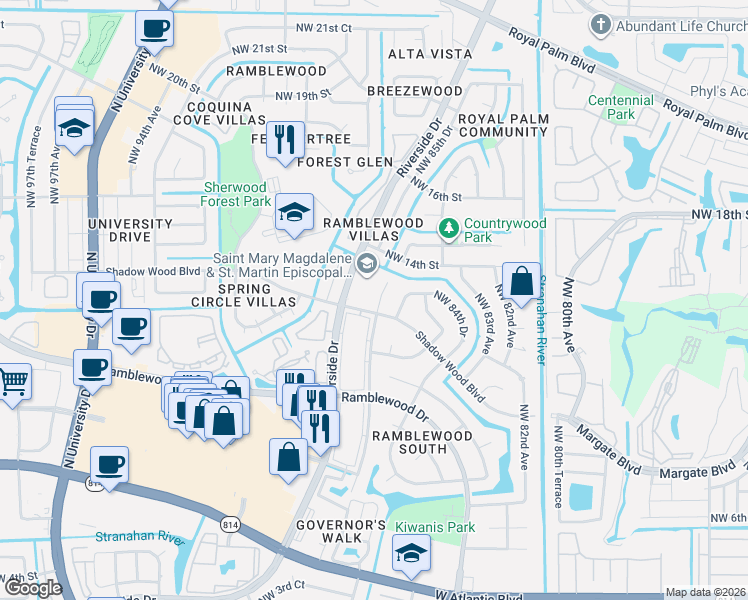 map of restaurants, bars, coffee shops, grocery stores, and more near 1290 Northwest 87th Avenue in Coral Springs