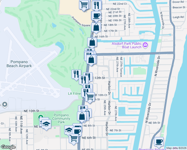 map of restaurants, bars, coffee shops, grocery stores, and more near 1215 Northeast 23rd Avenue in Pompano Beach