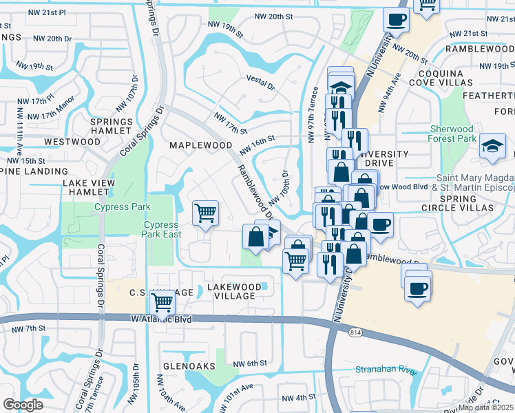 map of restaurants, bars, coffee shops, grocery stores, and more near 9958 Ramblewood Drive in Coral Springs