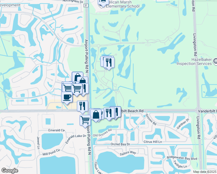map of restaurants, bars, coffee shops, grocery stores, and more near 2614 Tiburon Drive in Naples
