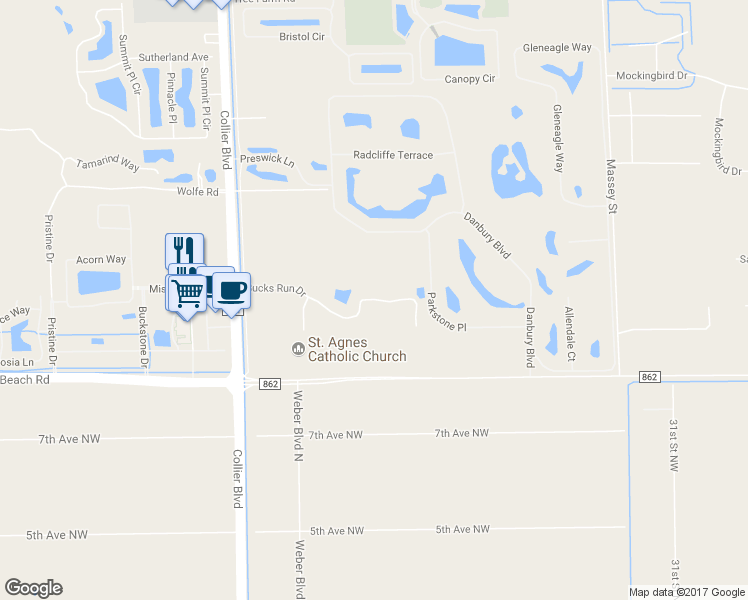 map of restaurants, bars, coffee shops, grocery stores, and more near 7839 Bucks Run Drive in Naples