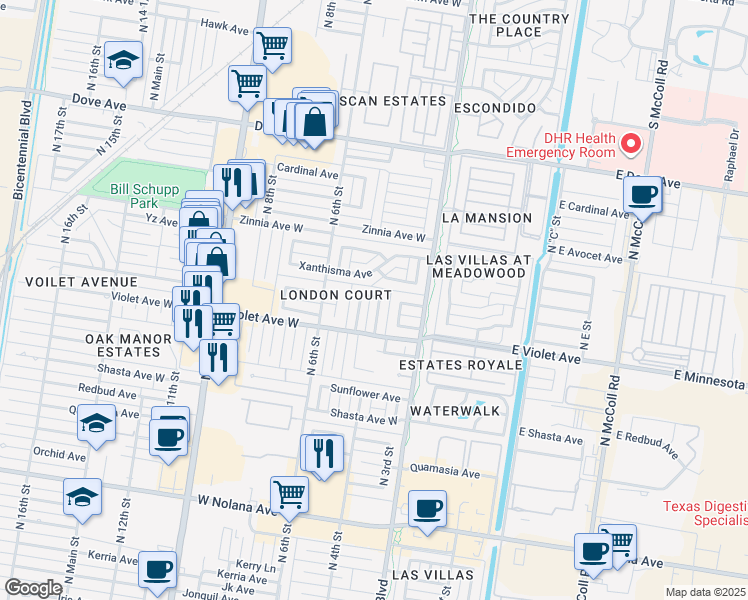 map of restaurants, bars, coffee shops, grocery stores, and more near 4920 Wisteria Avenue in McAllen