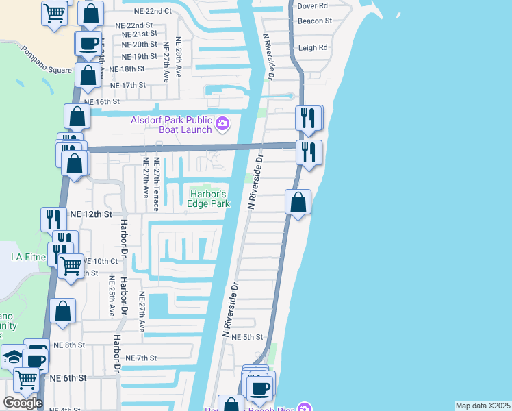 map of restaurants, bars, coffee shops, grocery stores, and more near 1000 North Riverside Drive in Pompano Beach