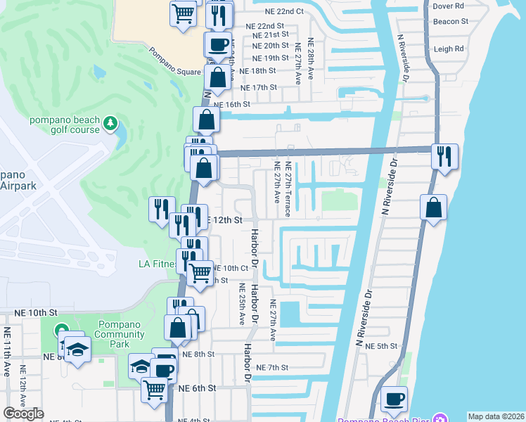 map of restaurants, bars, coffee shops, grocery stores, and more near 1211 Northeast 26th Terrace in Pompano Beach