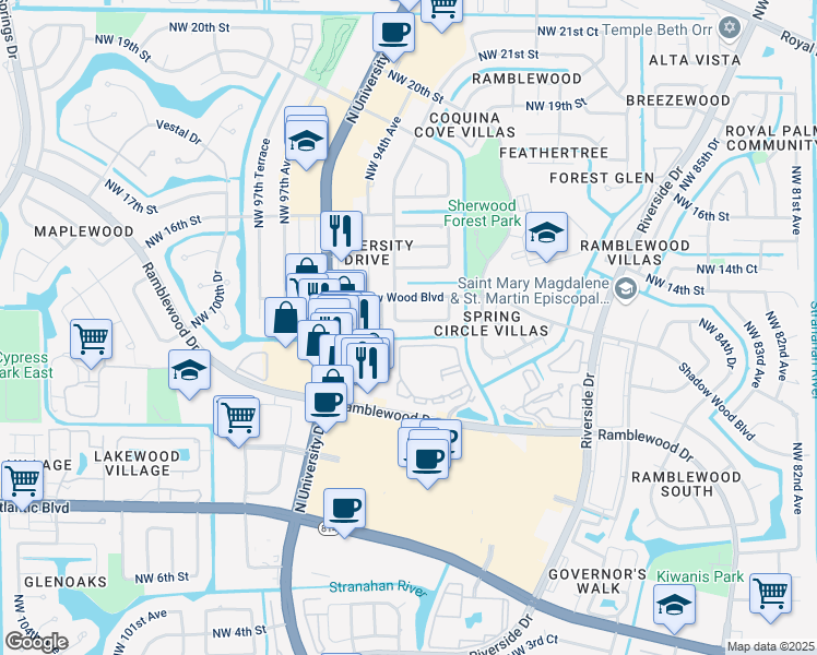map of restaurants, bars, coffee shops, grocery stores, and more near 9280 Northwest 13th Place in Coral Springs