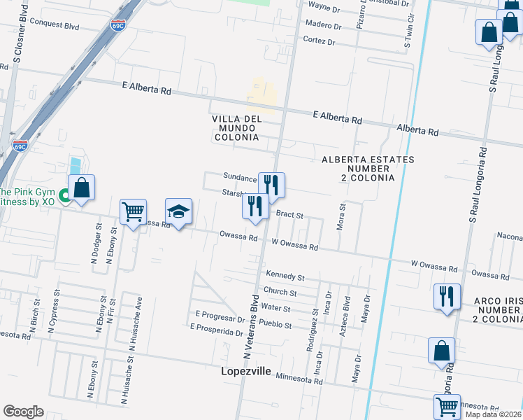 map of restaurants, bars, coffee shops, grocery stores, and more near 5550 North Veterans Boulevard in Edinburg