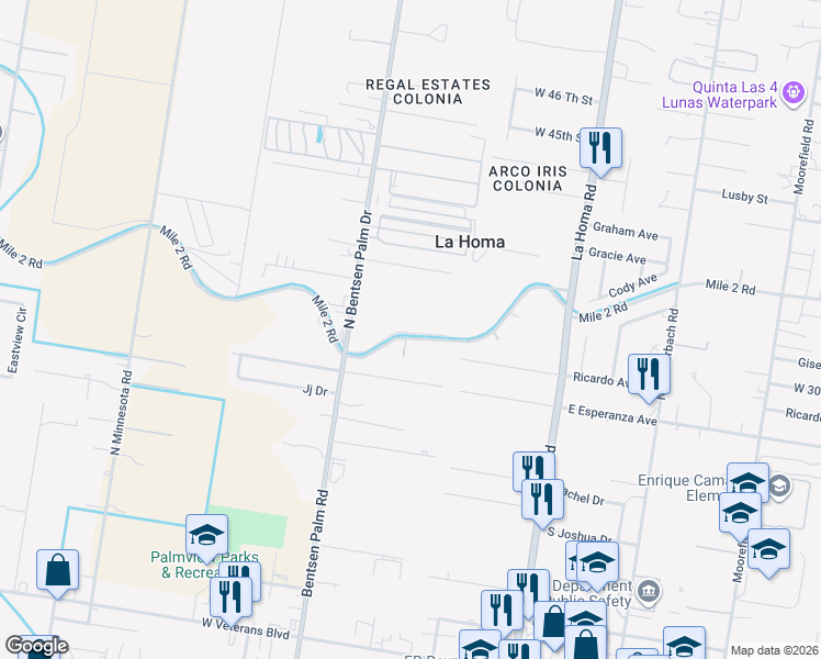map of restaurants, bars, coffee shops, grocery stores, and more near 3000 North Bentsen Palm Drive in Mission