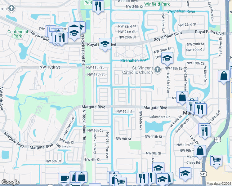 map of restaurants, bars, coffee shops, grocery stores, and more near 1470 Northwest 69th Avenue in Margate