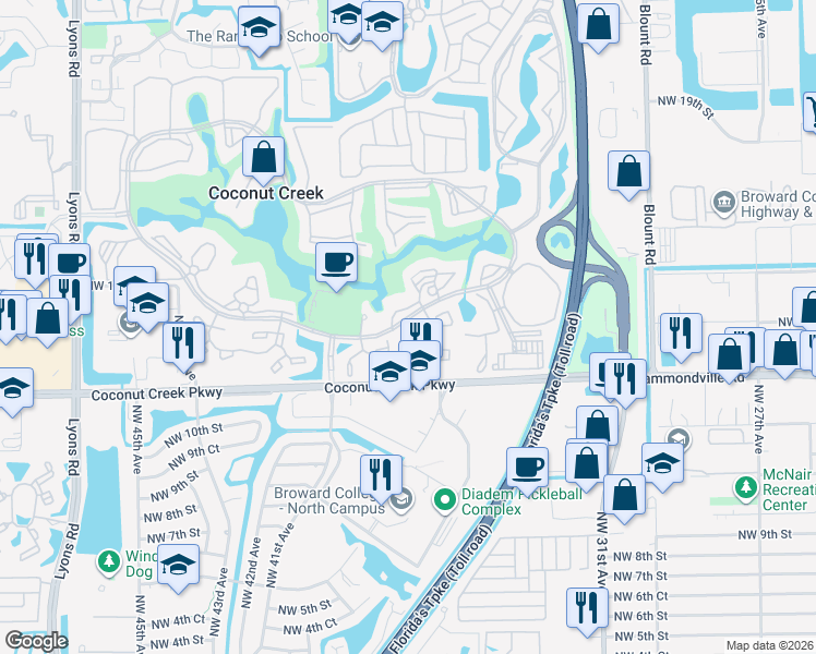 map of restaurants, bars, coffee shops, grocery stores, and more near 1206 Bahama Bend in Coconut Creek