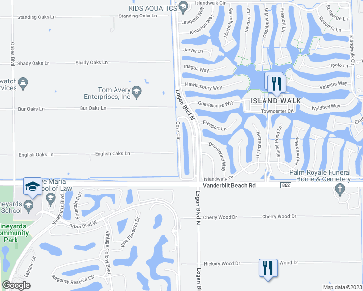 map of restaurants, bars, coffee shops, grocery stores, and more near 5645 Cove Circle in Naples