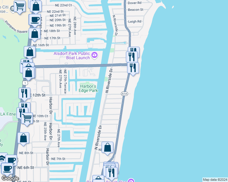 map of restaurants, bars, coffee shops, grocery stores, and more near 3249 Northeast 10th Street in Pompano Beach