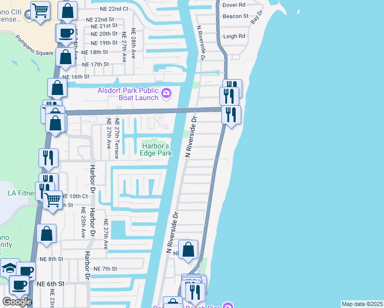 map of restaurants, bars, coffee shops, grocery stores, and more near 1000 North Riverside Drive in Pompano Beach