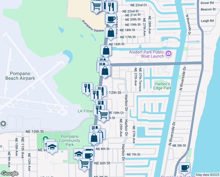 map of restaurants, bars, coffee shops, grocery stores, and more near 1211 Northeast 23rd Avenue in Pompano Beach