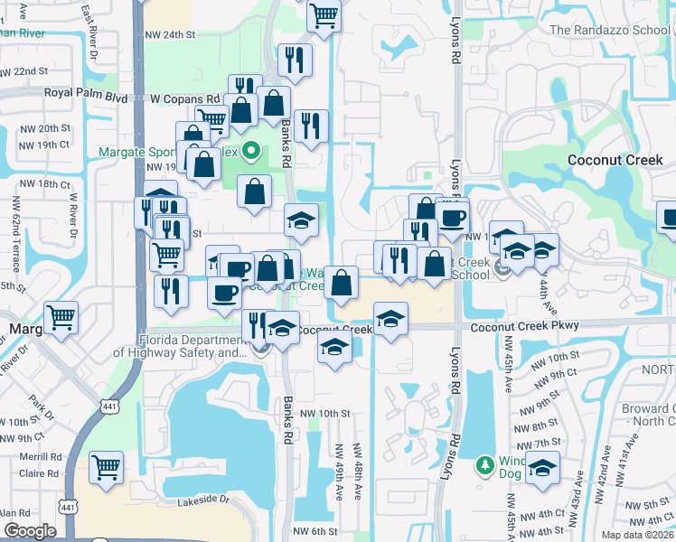 map of restaurants, bars, coffee shops, grocery stores, and more near 4856 Northwest 14th Street in Coconut Creek