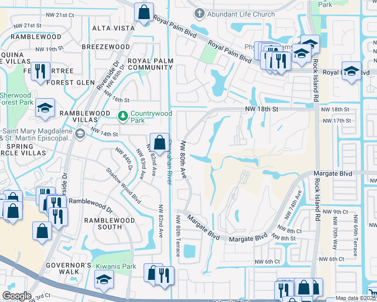 map of restaurants, bars, coffee shops, grocery stores, and more near 1460 Northwest 80th Avenue in Margate
