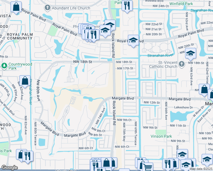 map of restaurants, bars, coffee shops, grocery stores, and more near 7340 Northwest 18th Street in Margate